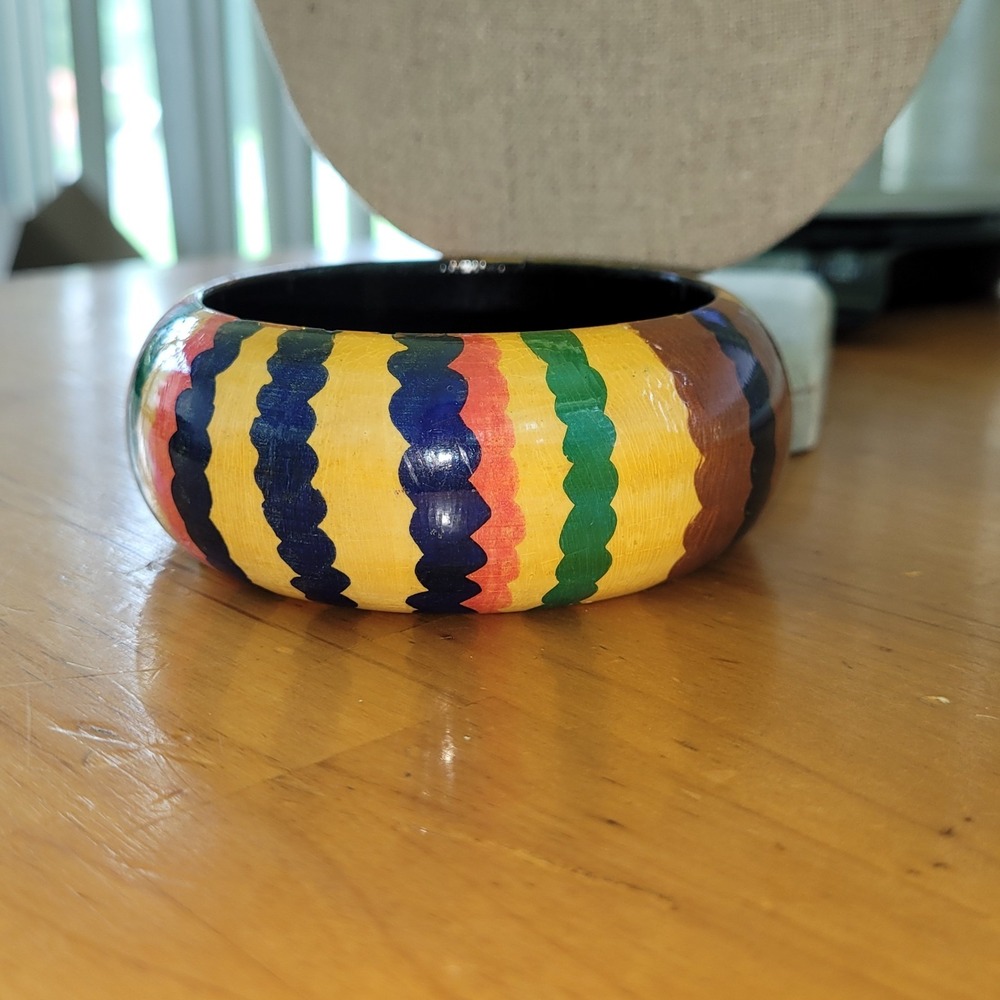 Vintage India Hand Painted Lacquer Wood Wide Bangle Bracelet 2.75" 42g